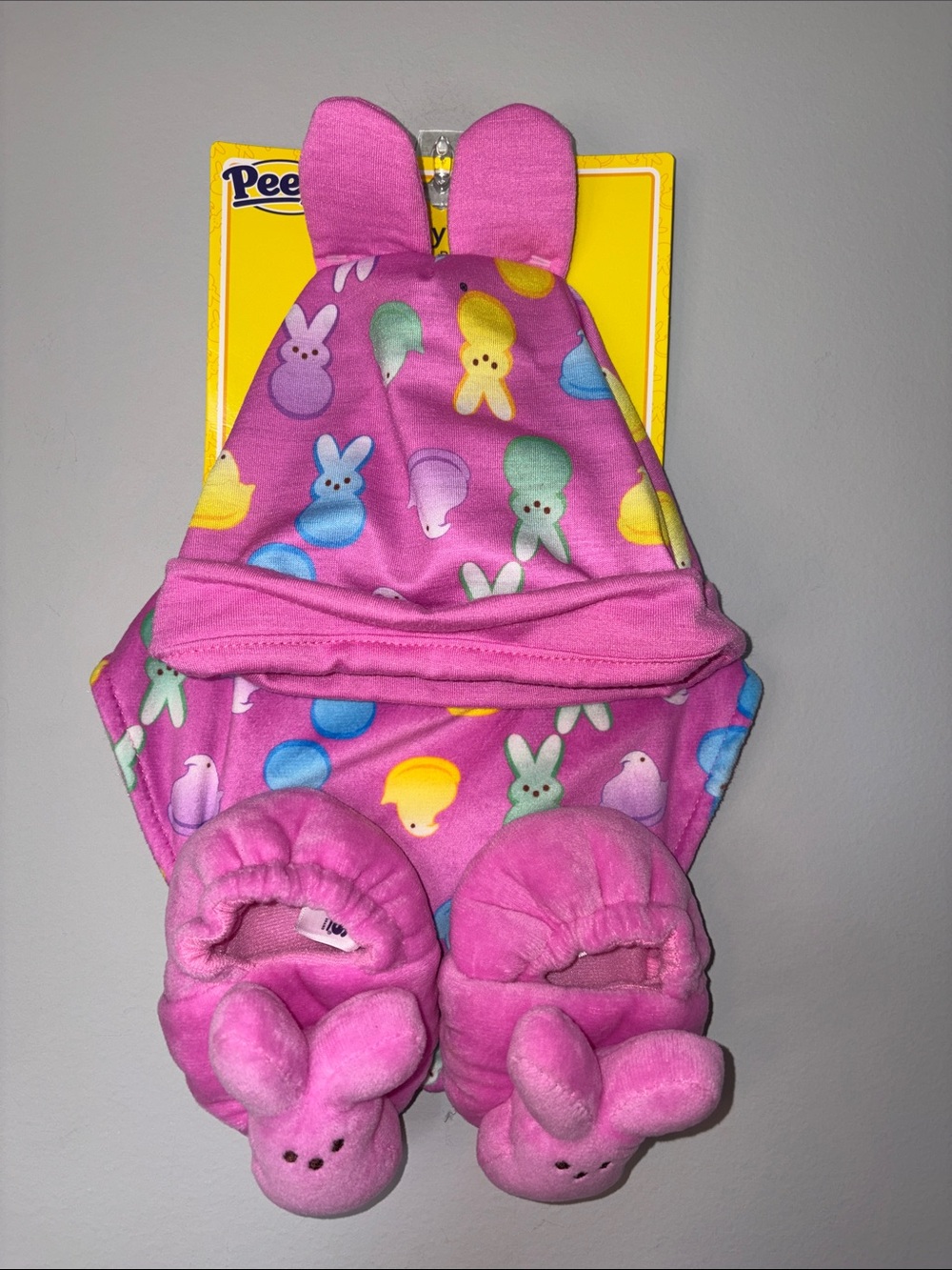 Pink Checkered Baby Hat, Bib and Bunny Slippers